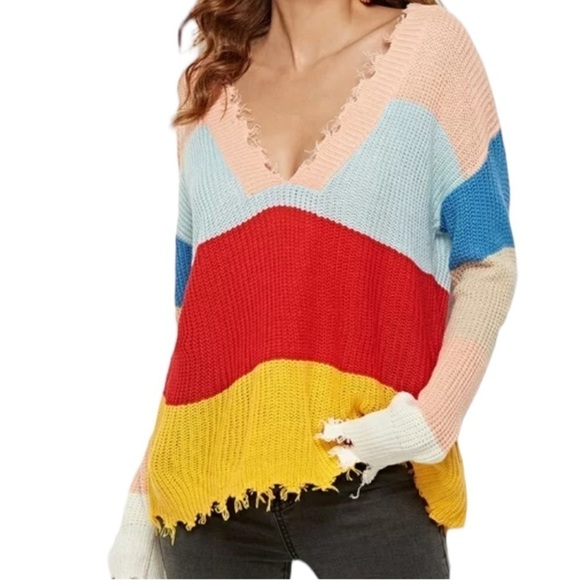 Sandoval Medium Color Block Stripe Raw Hem Long Sleeve V Neck Sweater Top R1 - Picture 1 of 5